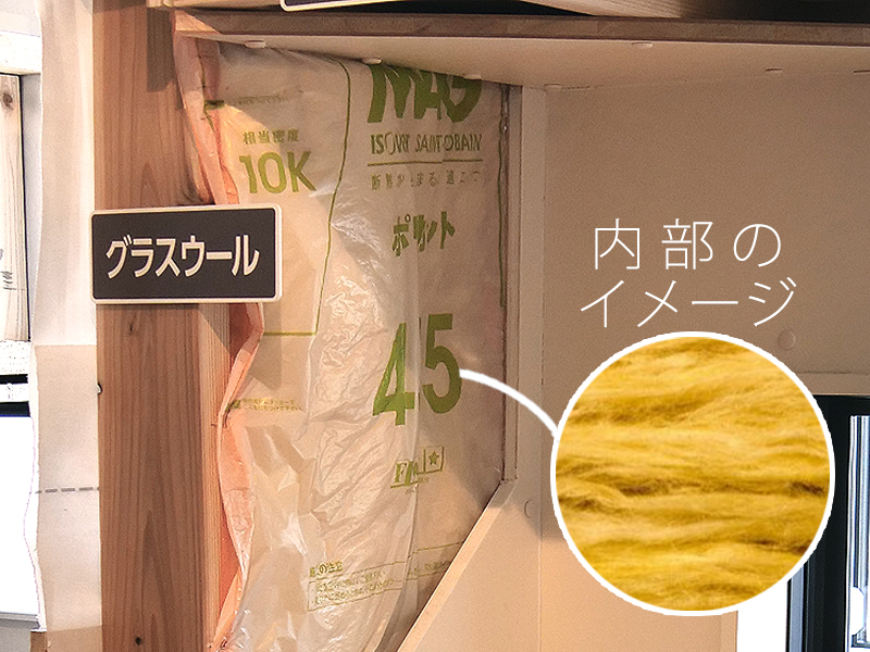 グラスウールなど繊維状の断熱材に空気層があり、輻射熱を通してしまう説明図