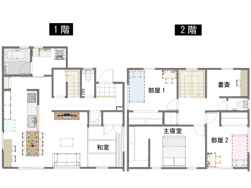 子育て世代に最適な30坪の注文住宅の1階と２階の間取り図