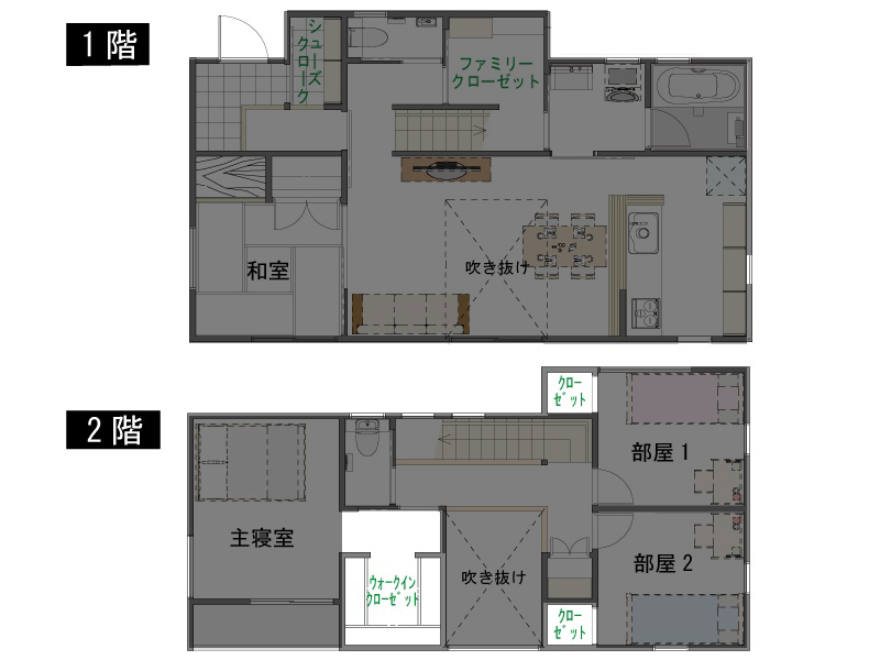 2階の個室それぞれにクローゼットを完備した図面