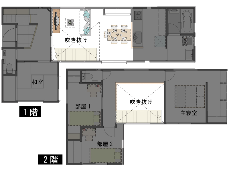 リビング階段が吹き抜けになっている１階と２階の間取り図