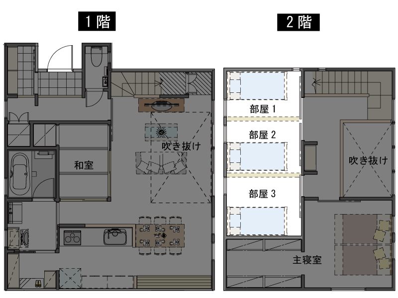 子供部屋を間仕切りで3つに分けた間取り図