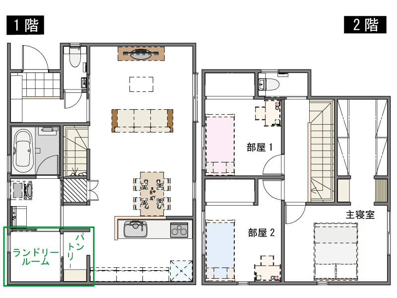 個室を１つ削ってパントリーとランドリールームを作った図面