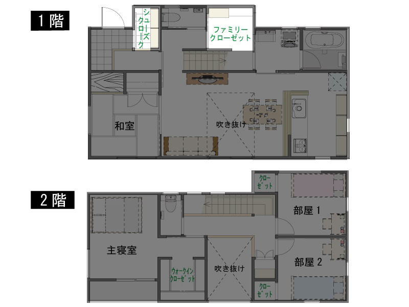 シューズクロークとファミリークローゼットを設置した間取り図