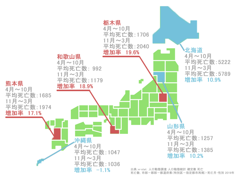 日本地図でヒートショックによる死亡者の多い地域を示した図