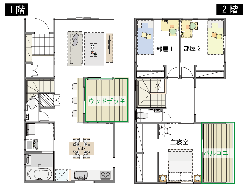 ウッドデッキとバルコニーを設置した図面