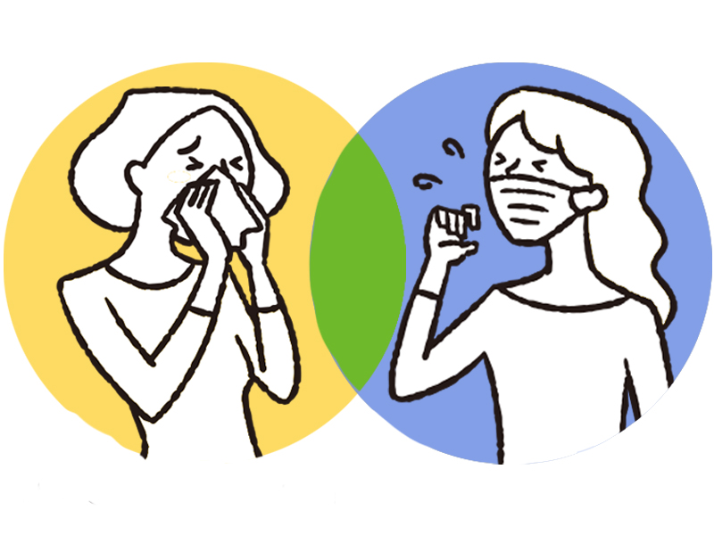 鼻をかむ女性と咳をする女性のイラスト