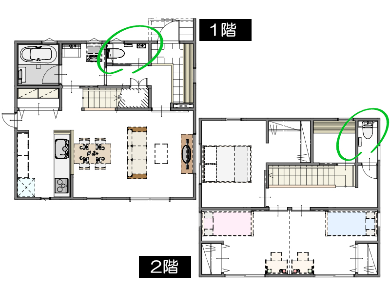 注文住宅のリビングと寝室から離してトイレを設置した間取り図