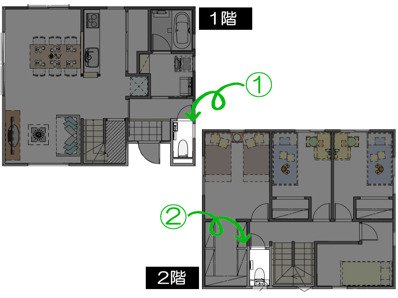 注文住宅の一階と二階にトイレを設置した間取り図