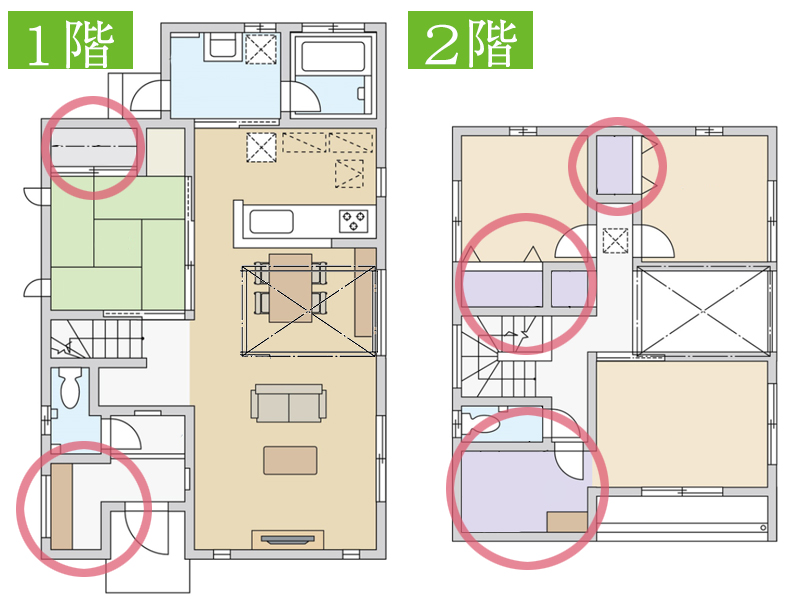 収納場所が充実した１階と2階の注文住宅の間取り