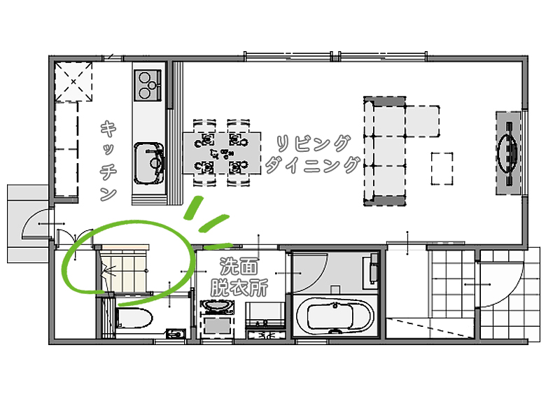 キッチン近くにあるリビング階段の間取り図