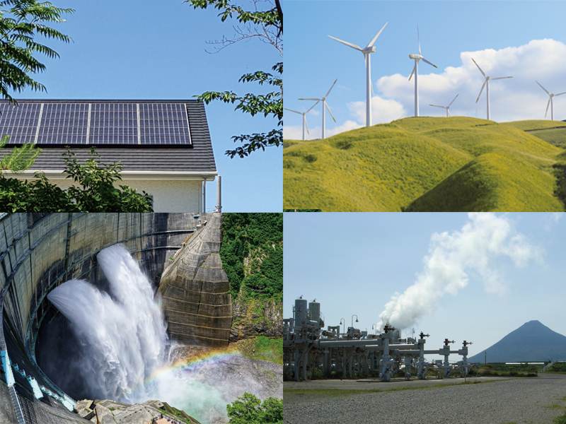 太陽光発電、風力発電、火力発電、水力発電の写真