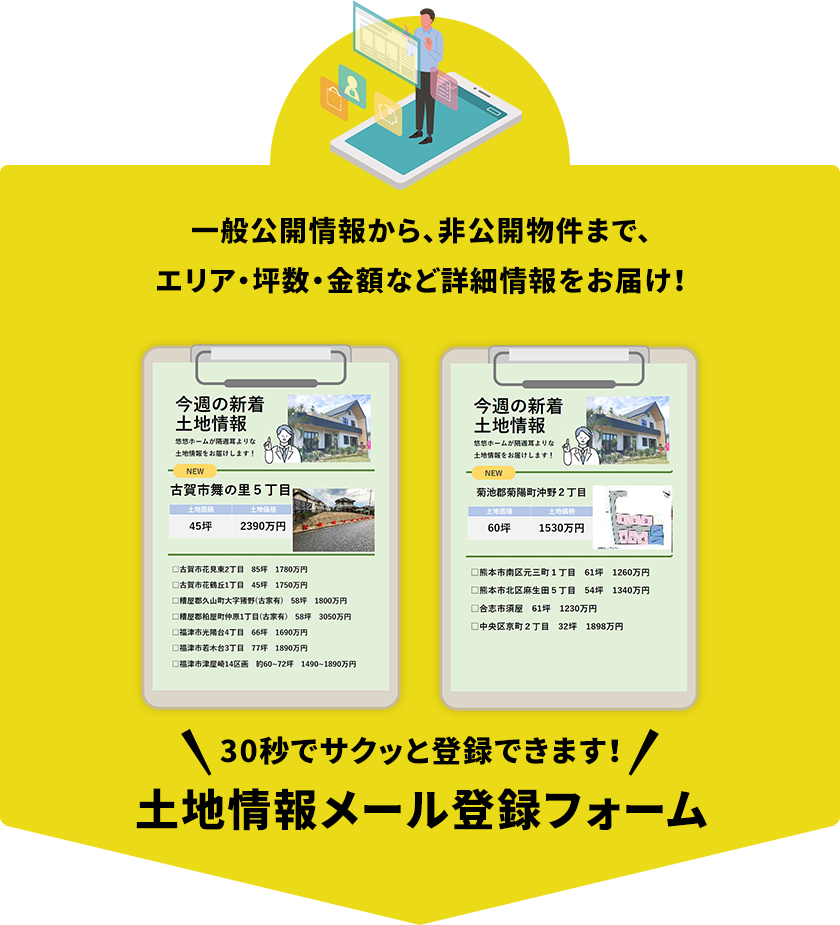 一般公開情報から、非公開物件まで、エリア・坪数・金額など詳細情報をお届け！ 30秒でサクッと登録できます！ 土地情報メール登録フォーム