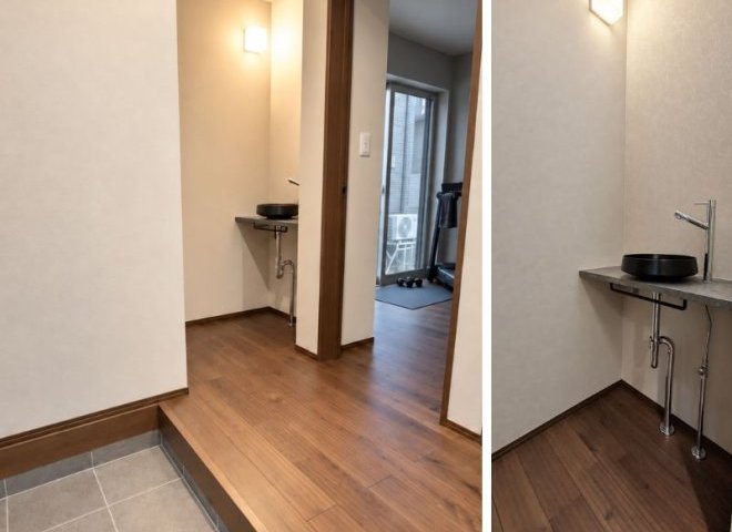 1階ホールに設けた造作手洗い