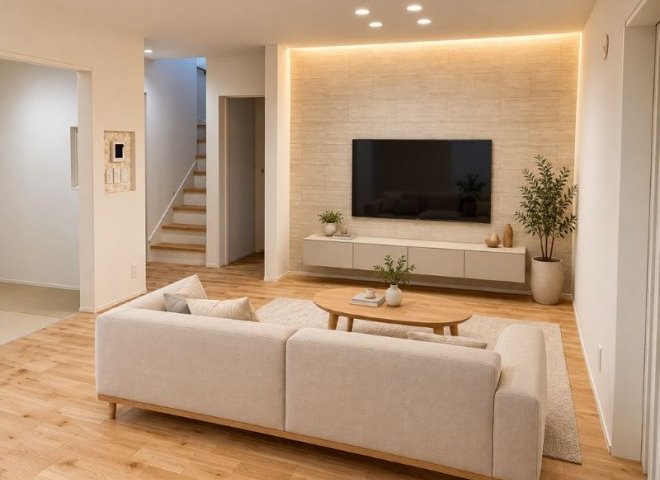 間接照明を設けたテレビ背面のニッチ