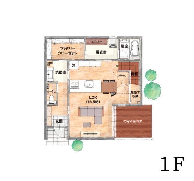 ウッドデッキ効果でグッと広見えリビングに／洗濯動線も嬉しい家事ラクな2階建ての家♡