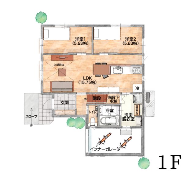 バイク好きにはたまらないインナーガレージ／たっぷり収納が魅力の2階建ての家