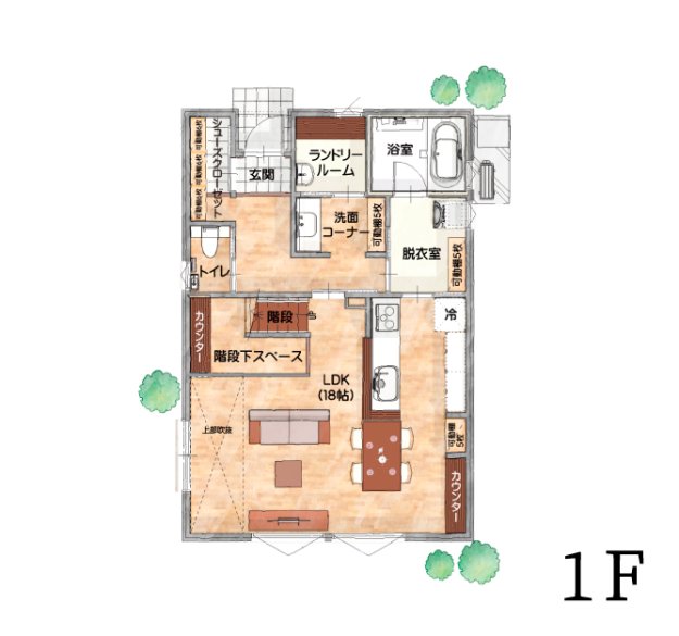 水回りをギュッと一箇所に集めた家事間取り／収納場所もそれぞれが秀逸な2階建ての家