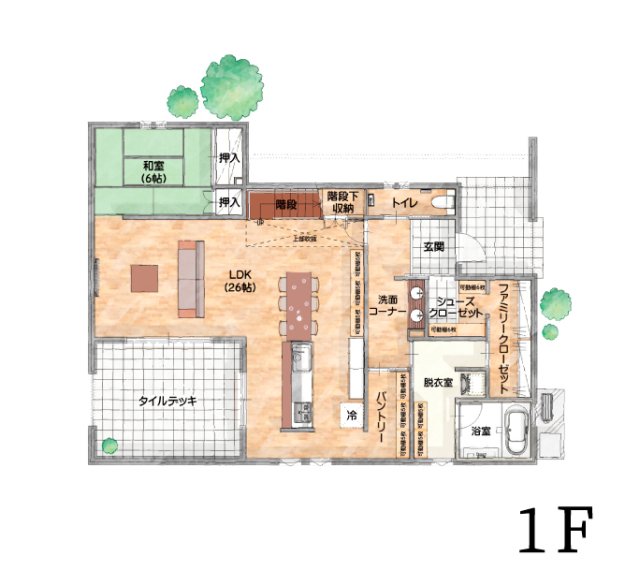 26帖の大空間LDK!タイルデッキで家族の笑顔が広がる2階建ての家