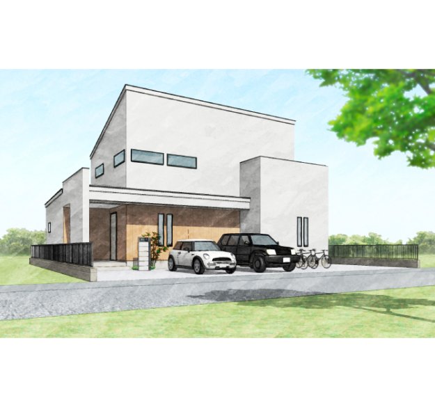 26帖の大空間LDK!タイルデッキで家族の笑顔が広がる2階建ての家