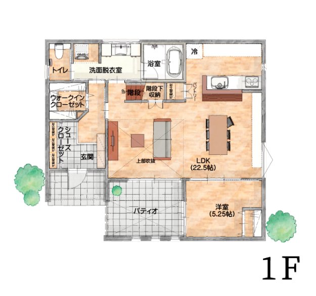 玄関⇒クローゼット⇒洗面で帰宅動線ばっちり！プライベートな中庭のある2階建ての家