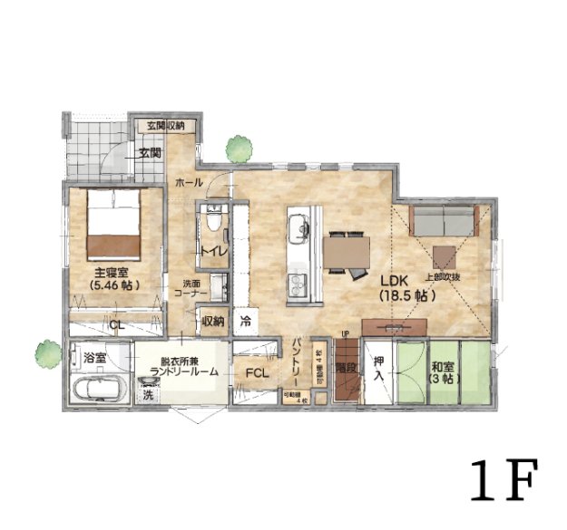 1階主寝室で平屋のような暮らし！リビングと水回りを繋ぐ回遊動線で家事が時短できる2階建ての家