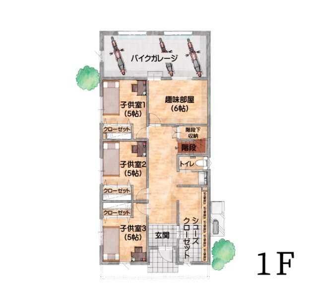 2階LDK＆水回り！趣味を楽しむバイクガレージがある2階建ての家