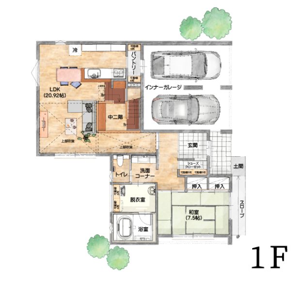 吹き抜け×スキップフロアで開放的なLDK！インナーガレージ付き2階建ての家