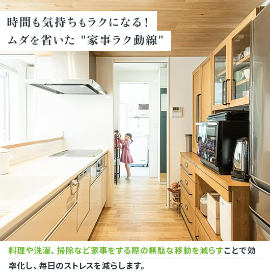 時間も気持ちもラクになる! ムダを省いた”家事ラク動線” 料理や洗濯、掃除など家事をする際の無駄な移動を減らすことで効率化し、毎日のストレスを減らします。