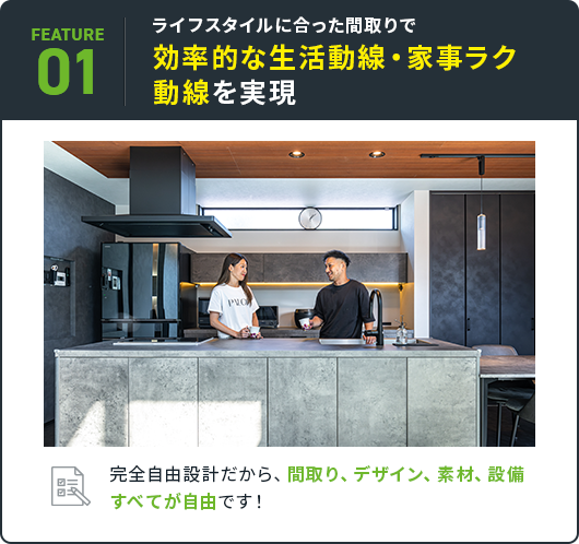 01 ライフスタイルに合った間取りで効率的な生活動線・家事ラク動線を実現 完全自由設計だから、間取り、デザイン、素材、設備すべてが自由です！