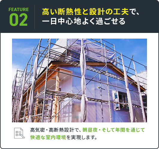 02 高い断熱性と設計の工夫で、一日中心地よく過ごせる 高気密・高断熱設計で、朝昼夜・そして年間を通じて快適な室内環境を実現します。
